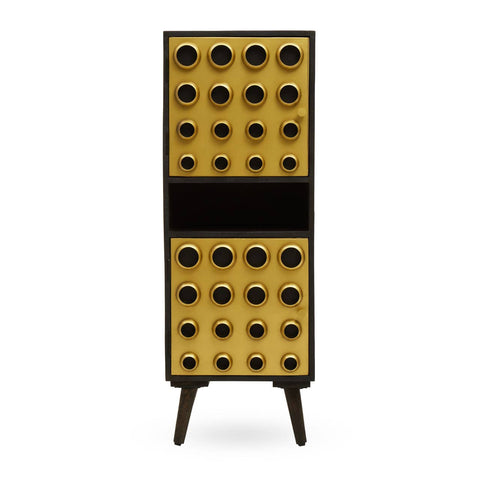 Tall cabinet made of mango wood with a brass effect finish, featuring two doors adorned with circular patterns. The cabinet stands on four tapered legs and has a sleek, modern design suitable for home decor