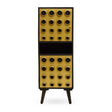 Tall cabinet made of mango wood with a brass effect finish, featuring two doors adorned with circular patterns. The cabinet stands on four tapered legs and has a sleek, modern design suitable for home decor