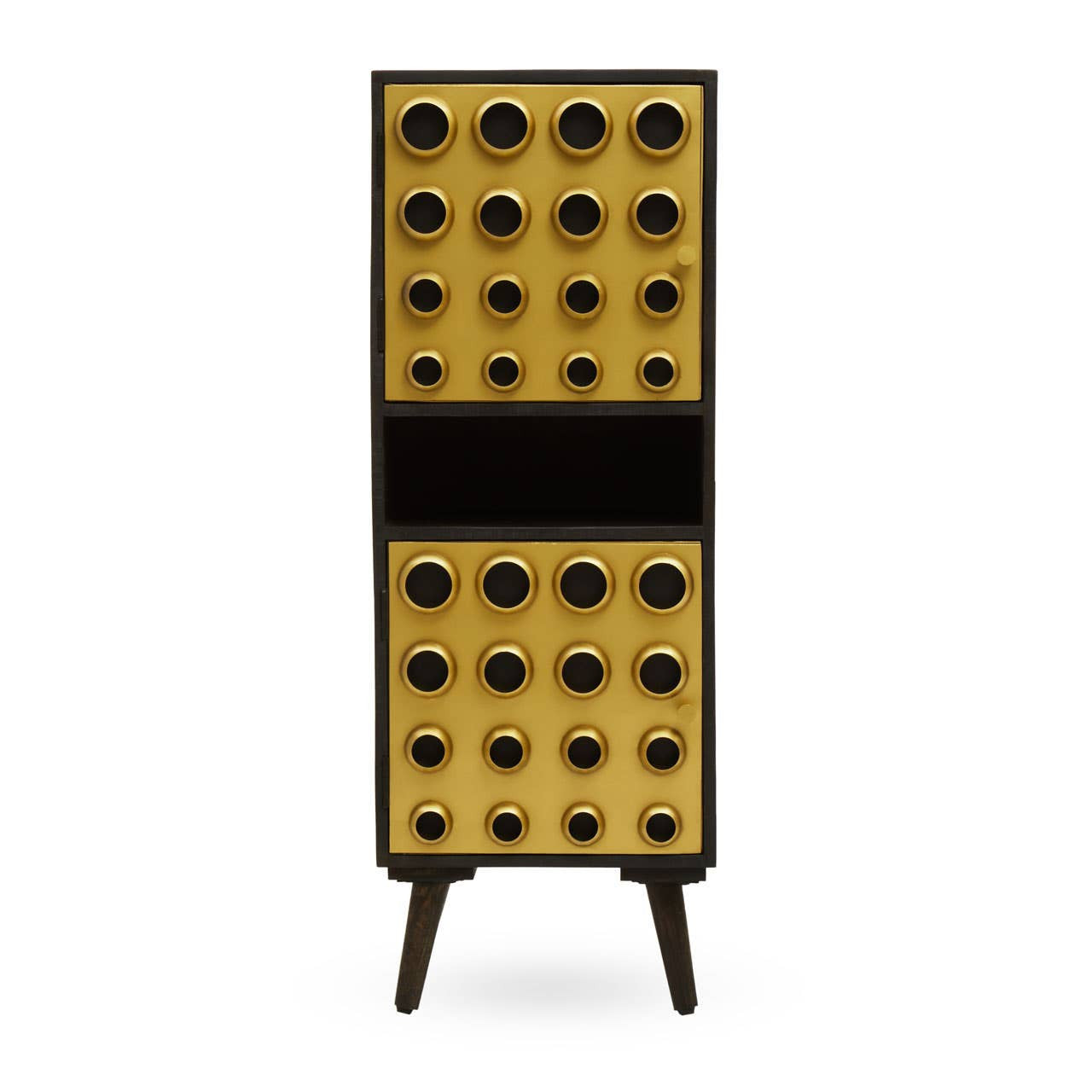 Tall cabinet made of mango wood with a brass effect finish, featuring two doors adorned with circular patterns. The cabinet stands on four tapered legs and has a sleek, modern design suitable for home decor