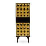 Tall cabinet made of mango wood with a brass effect finish, featuring two doors adorned with circular patterns. The cabinet stands on four tapered legs and has a sleek, modern design suitable for home decor