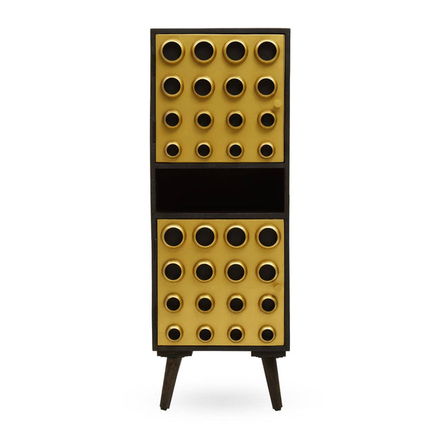 Tall cabinet made of mango wood with a brass effect finish, featuring two doors adorned with circular patterns. The cabinet stands on four tapered legs and has a sleek, modern design suitable for home decor