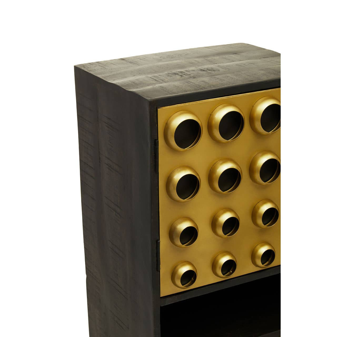 Tall cabinet featuring a dark mango wood finish with a brass effect panel on the front. The brass panel has a grid of circular cutouts, creating a modern design element. The cabinet has two doors and an open shelf at the bottom, showcasing a stylish and functional storage solution