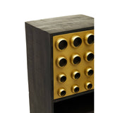 Tall cabinet featuring a dark mango wood finish with a brass effect panel on the front. The brass panel has a grid of circular cutouts, creating a modern design element. The cabinet has two doors and an open shelf at the bottom, showcasing a stylish and functional storage solution