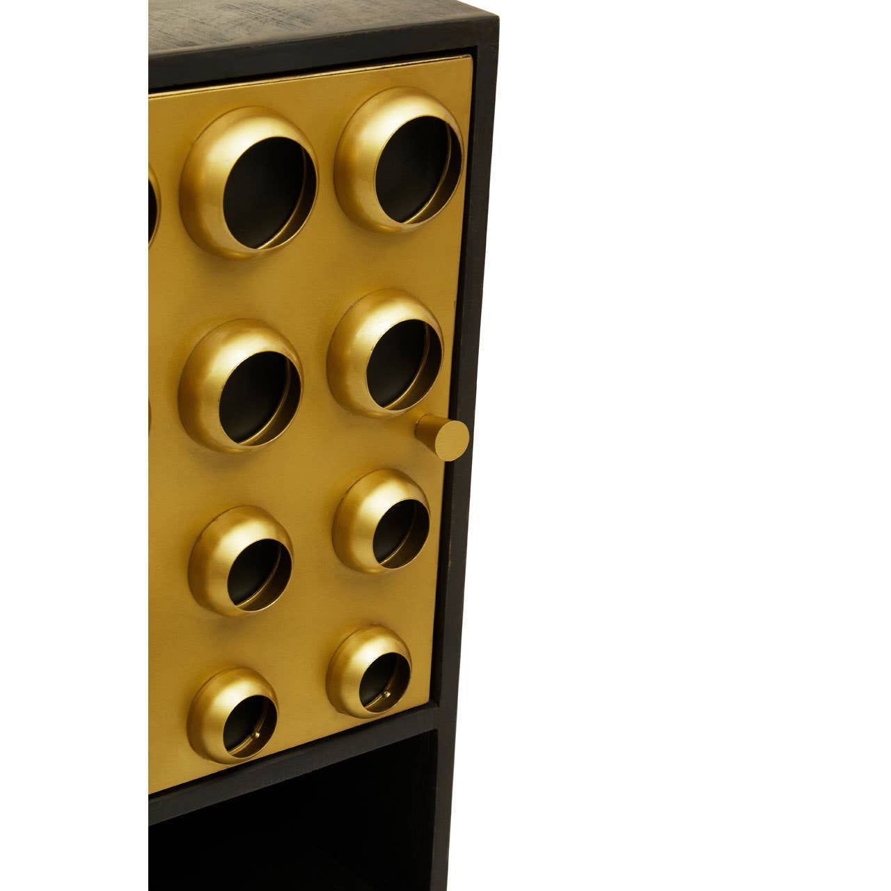 Tall cabinet featuring a sleek design with a mango wood finish and brass effect accents. The cabinet has two doors adorned with circular brass handles, showcasing a modern aesthetic. The upper section displays a series of circular cutouts, adding a decorative element to the overall look