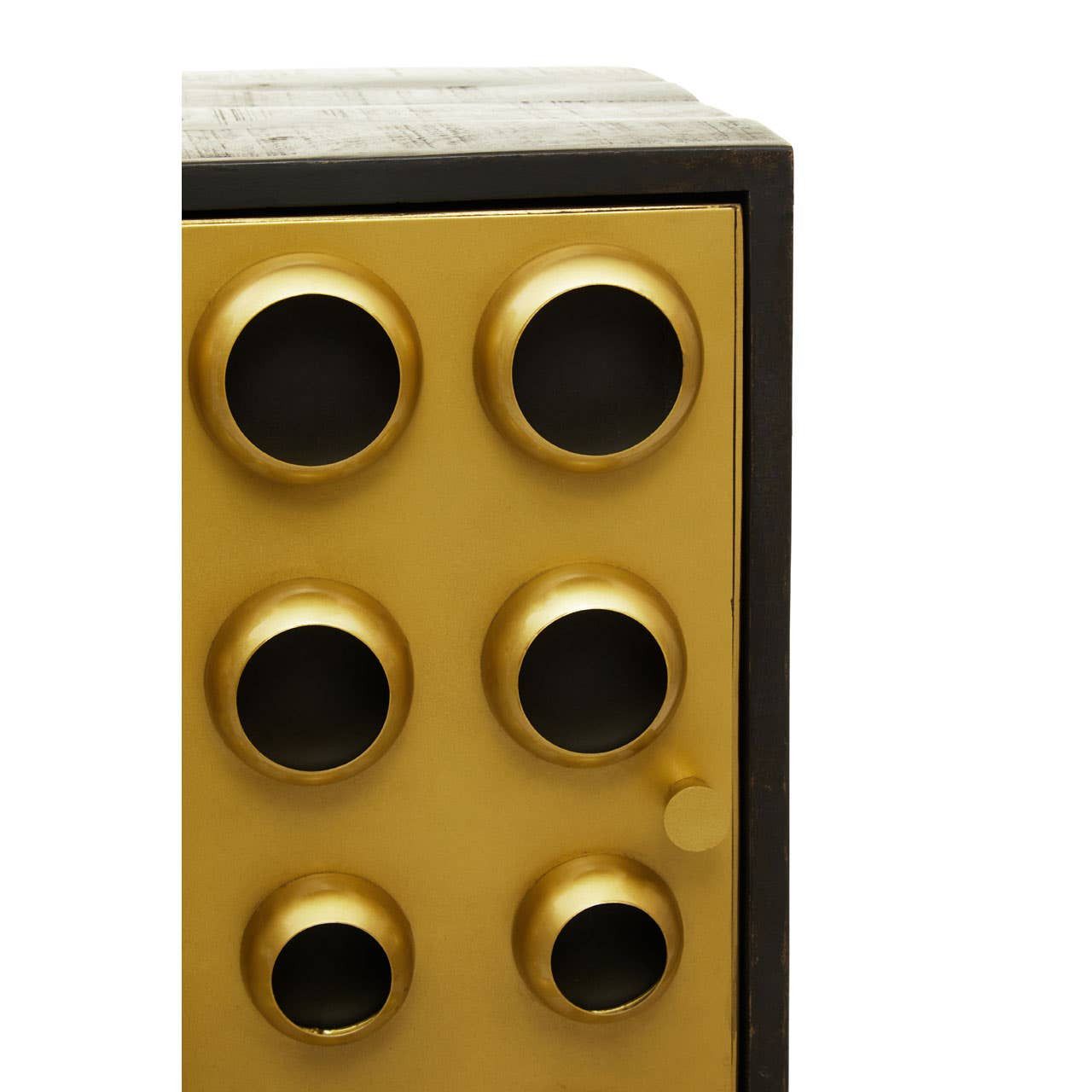 Tall cabinet featuring a sleek design with a mango wood finish and brass effect accents. The cabinet has two doors with circular brass handles, and the front displays a grid of six round, black mesh panels. The overall color scheme combines warm wood tones with metallic gold elements, creating a modern and stylish look suitable for home decor