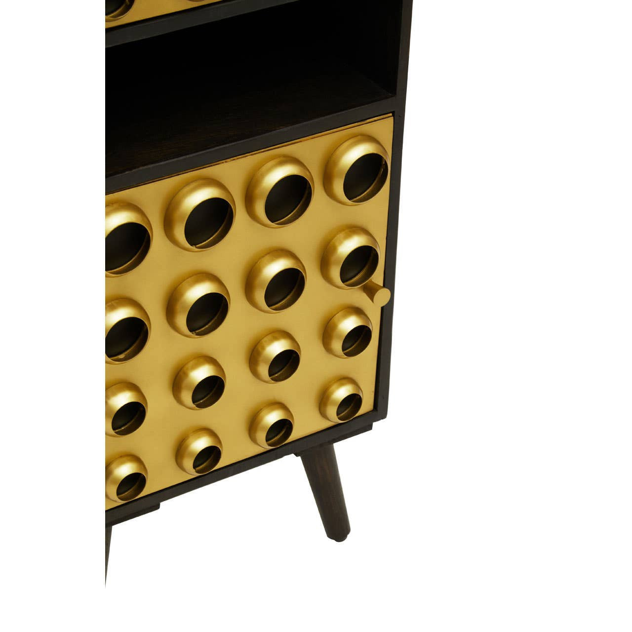 Tall cabinet featuring a sleek design with a combination of mango wood and a brass effect finish. The cabinet has two doors adorned with circular brass knobs and a textured surface, set on slender black legs. A shelf is visible above the doors, providing additional storage space