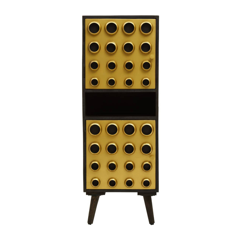 Tall cabinet featuring a mango wood finish with a brass effect, designed with two doors adorned with circular patterns. The cabinet stands on four tapered legs and has a sleek, modern aesthetic suitable for home decor
