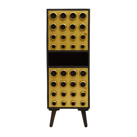 Tall cabinet featuring a mango wood finish with a brass effect, designed with two doors adorned with circular patterns. The cabinet stands on four tapered legs and has a sleek, modern aesthetic suitable for home decor