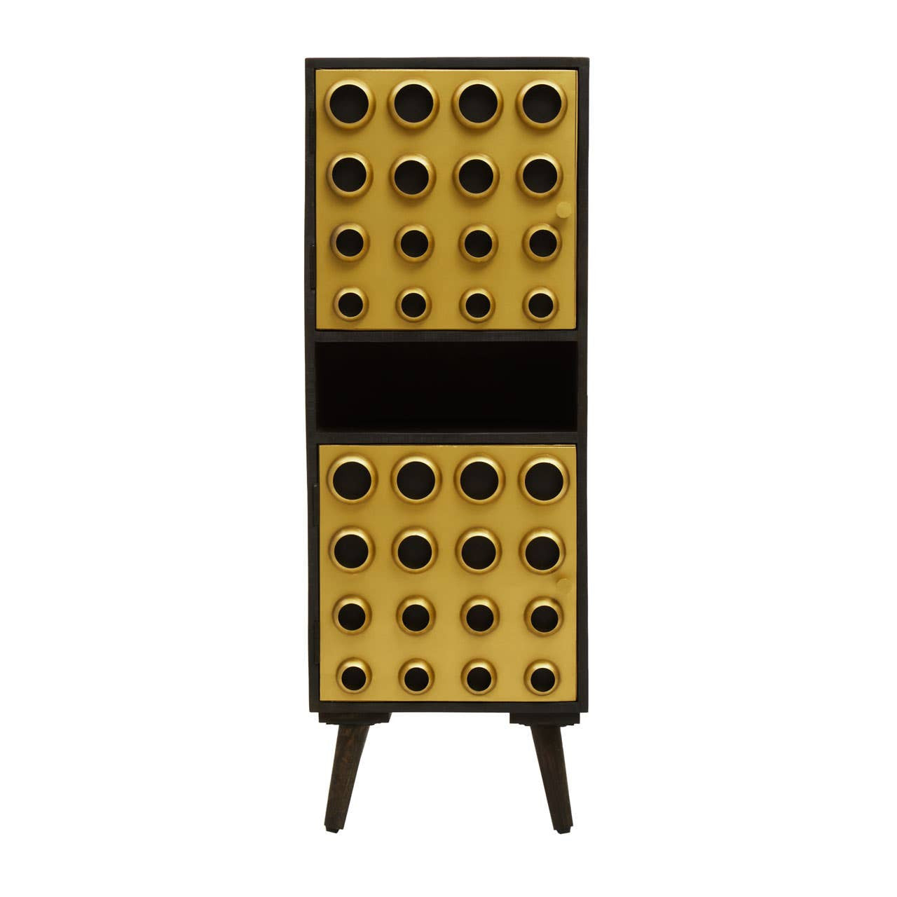 Tall cabinet featuring a mango wood finish with a brass effect, designed with two doors adorned with circular patterns. The cabinet stands on four tapered legs and has a sleek, modern aesthetic suitable for home decor
