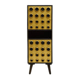Tall cabinet featuring a mango wood finish with a brass effect, designed with two doors adorned with circular patterns. The cabinet stands on four tapered legs and has a sleek, modern aesthetic suitable for home decor