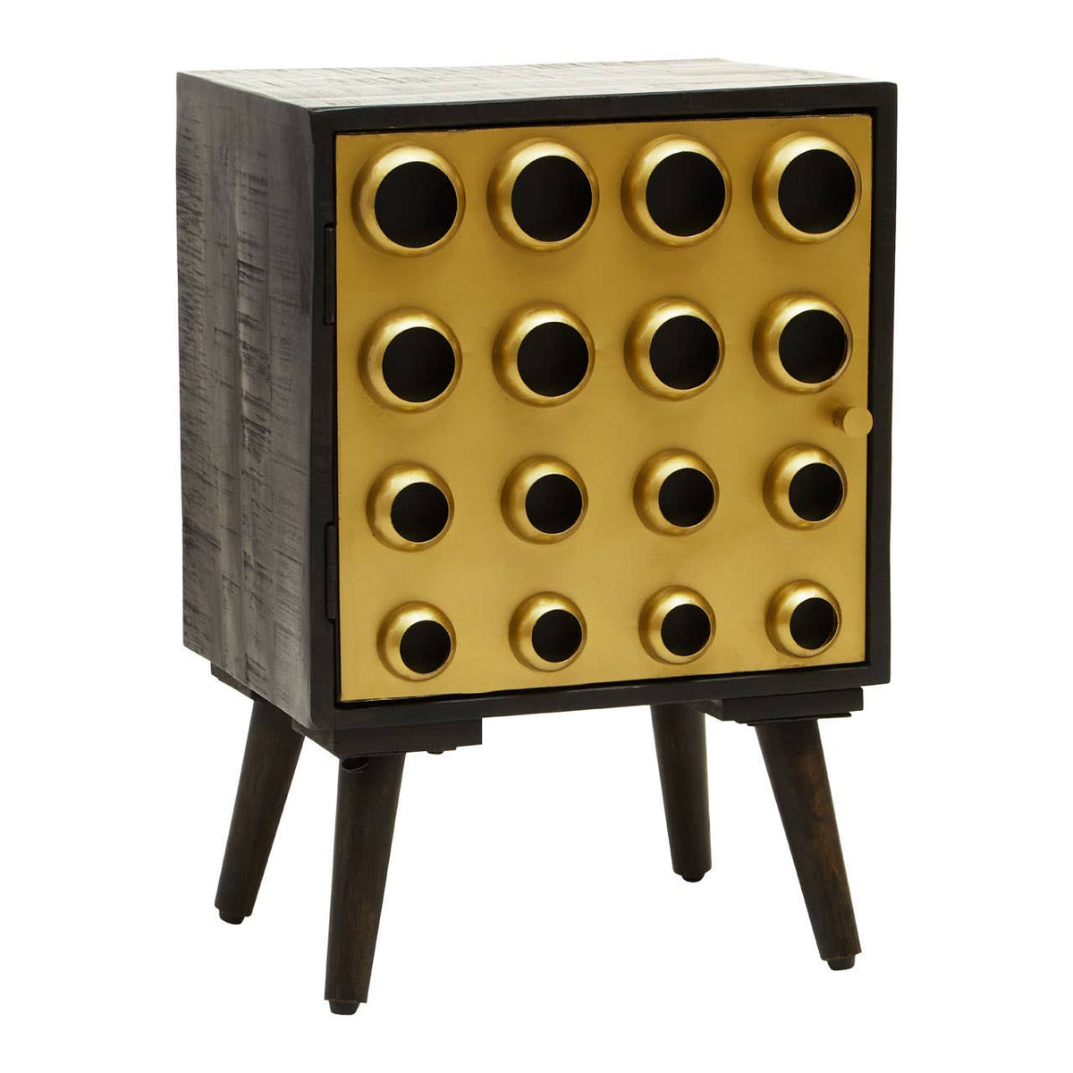A stylish one-door cabinet made from mango wood with a brass effect front featuring a grid of circular handles. The cabinet stands on four tapered black legs, showcasing a modern design that combines natural wood tones with metallic accents