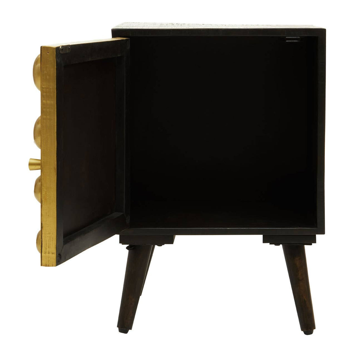One-door cabinet made of mango wood with a brass effect front, featuring a sleek black interior and four tapered legs. The door is open, showcasing the storage space inside
