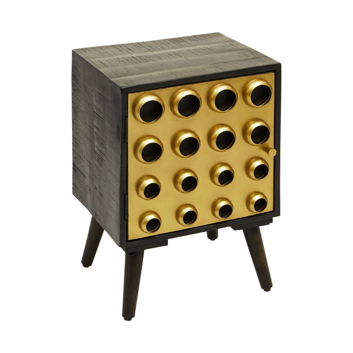Mango wood cabinet with a brass effect front featuring a grid of circular handles, supported by four tapered black legs. The cabinet has a single door and a textured wood finish on the top