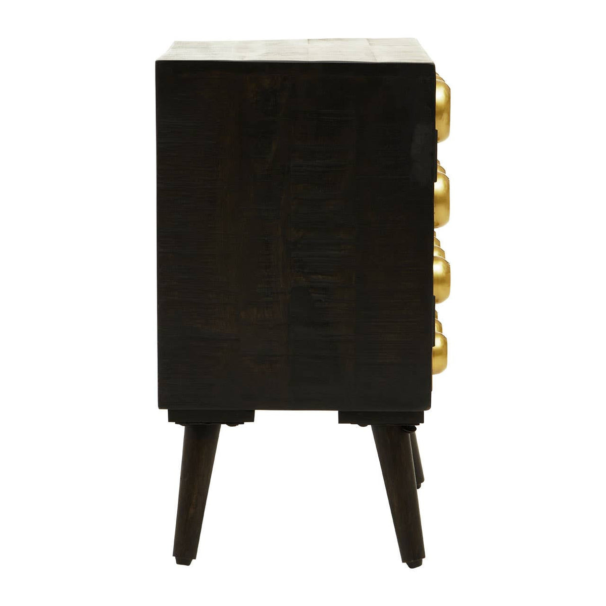 A dark wood cabinet with a smooth top surface, featuring a single door and four round brass-effect handles. The cabinet stands on four tapered legs, showcasing a modern design with a sleek finish