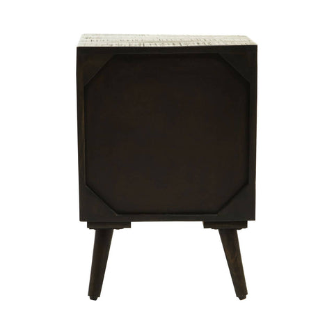 Mango wood cabinet with a brass effect top, featuring a single door and four tapered legs, showcasing a dark finish and geometric design elements