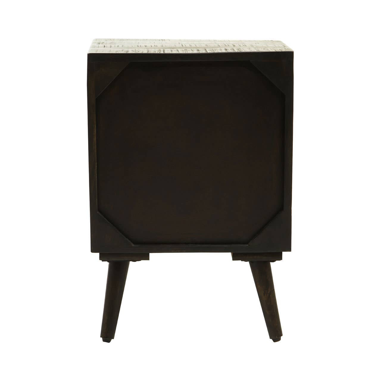 Mango wood cabinet with a brass effect top, featuring a single door and four tapered legs, showcasing a dark finish and geometric design elements