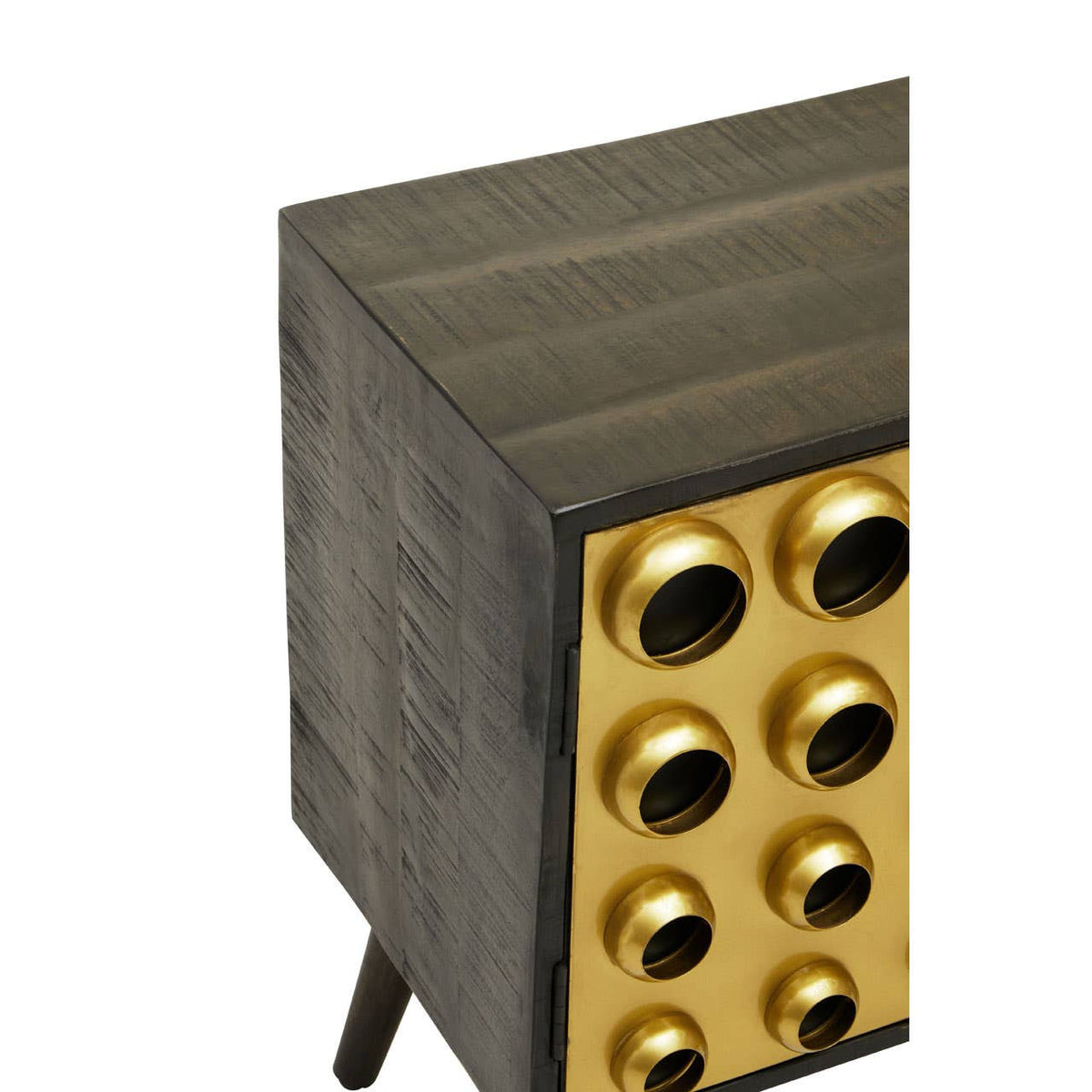 Mango wood cabinet with a brass effect door featuring circular handles, showcasing a modern design with a textured wood finish and tapered legs