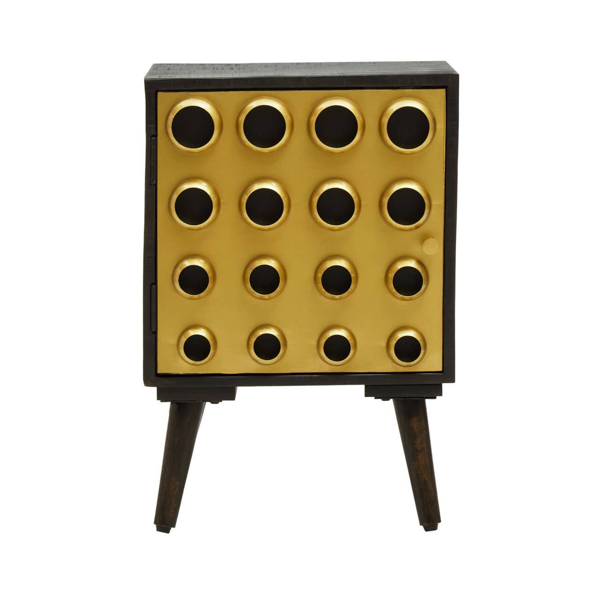 Mango wood cabinet with a brass effect front featuring a grid of circular black knobs, supported by four tapered wooden legs. The cabinet has a single door and a sleek, modern design