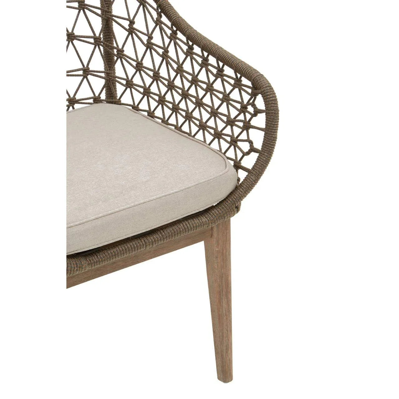 Rattan dining chair with beige cushion and wood leg, closeup of woven backrest detail