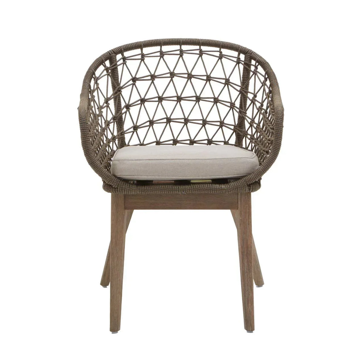 Brown rattan armchair with beige cushion and wooden legs, front view