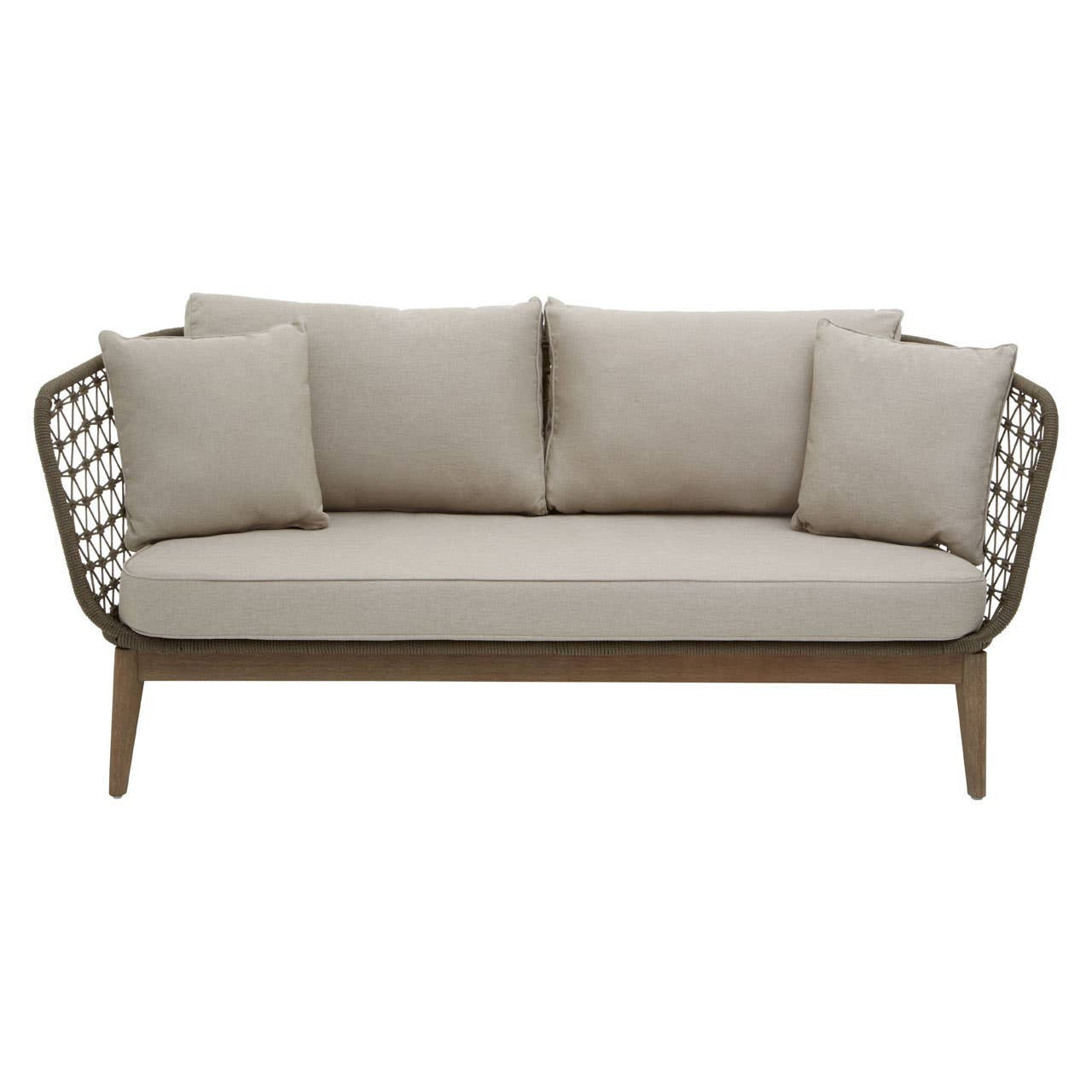 Three-seater sofa featuring a grey woven rope design with a sturdy wooden frame. The sofa is adorned with plush beige cushions for added comfort, showcasing a modern and stylish aesthetic suitable for home decor