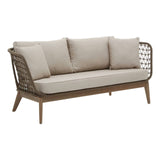 Three-seater sofa featuring a grey woven rope design with a sturdy wooden frame and tapered legs. The sofa is adorned with plush beige cushions for comfort, creating a stylish and inviting seating option