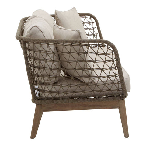 Three-seater sofa featuring a grey woven rope design with a sturdy frame and tapered wooden legs. The sofa is adorned with plush, light-colored cushions for added comfort, showcasing a modern and stylish aesthetic suitable for home decor