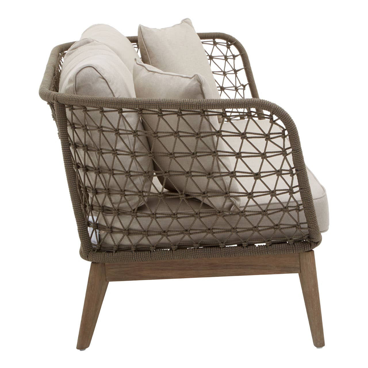 Three-seater sofa featuring a grey woven rope design with a sturdy frame and tapered wooden legs. The sofa is adorned with plush, light-colored cushions for added comfort, showcasing a modern and stylish aesthetic suitable for home decor
