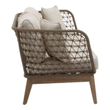 Three-seater sofa featuring a grey woven rope design with a sturdy frame and tapered wooden legs. The sofa is adorned with plush, light-colored cushions for added comfort, showcasing a modern and stylish aesthetic suitable for home decor