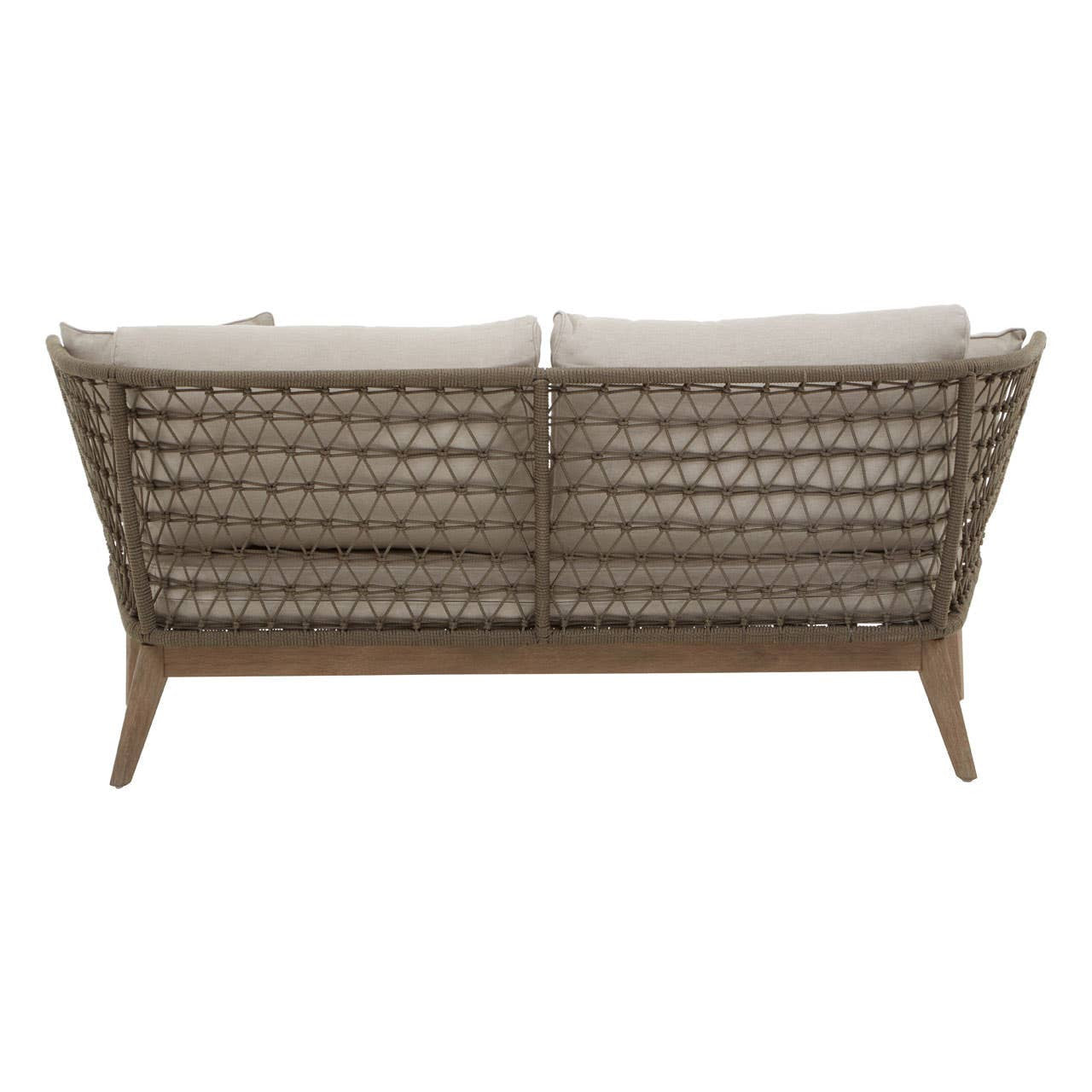 Three-seater sofa featuring a grey woven rope design with a sturdy wooden frame and tapered legs, complemented by light-colored cushions for added comfort. The backrest showcases a distinctive pattern of woven rope, enhancing its modern aesthetic