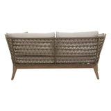 Three-seater sofa featuring a grey woven rope design with a sturdy wooden frame and tapered legs, complemented by light-colored cushions for added comfort. The backrest showcases a distinctive pattern of woven rope, enhancing its modern aesthetic