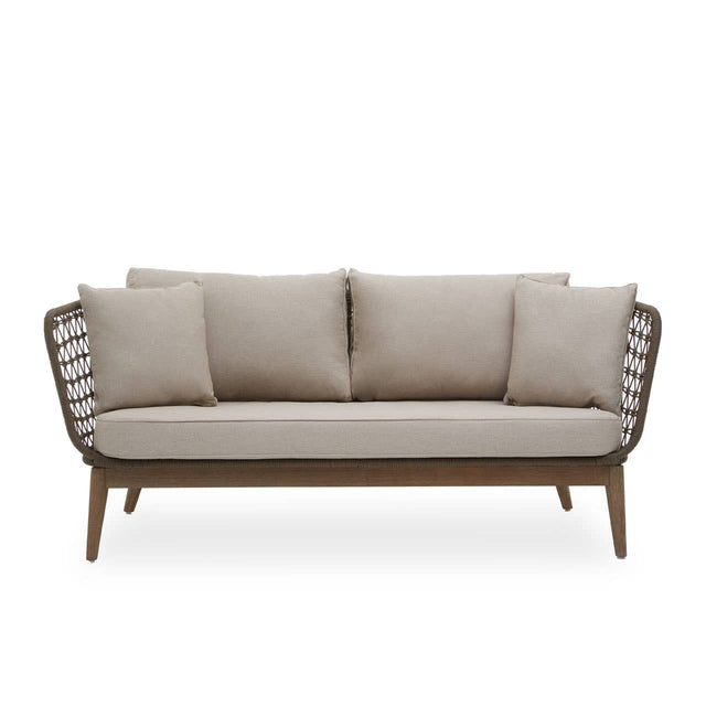 Three-seater sofa featuring a grey woven rope backrest and wooden frame, complemented by three plush beige cushions for added comfort. The sofa has a modern design with clean lines and tapered legs, suitable for contemporary living spaces