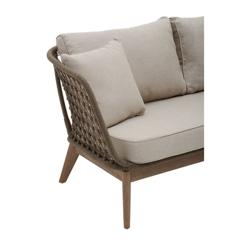 Three-seater sofa featuring a grey woven rope design with a sturdy wooden frame and tapered legs. The sofa is adorned with plush, light beige cushions, including a square accent pillow on one side, providing a modern and inviting look suitable for indoor or outdoor spaces