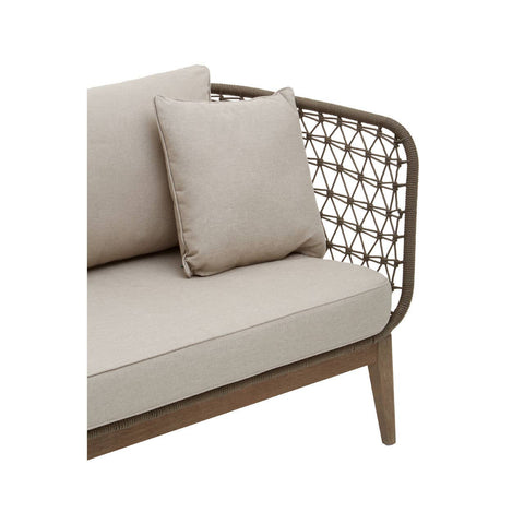 Three-seater sofa featuring a grey woven rope backrest and a wooden frame, complemented by plush beige cushions. The sofa has a modern design with clean lines and a stylish, contemporary look