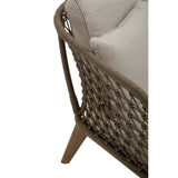 Three-seater sofa featuring a grey woven rope design with a sturdy frame and wooden legs. The sofa is adorned with plush, light-colored cushions for added comfort. The angle showcases the intricate weaving and the smooth finish of the wooden legs