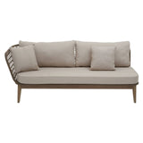 Opus Woven Rope Chaise Longue featuring a light beige cushion upholstery and a stylish woven rope backrest, supported by wooden legs. The chaise includes two large back cushions and one smaller decorative cushion, all in a matching neutral tone