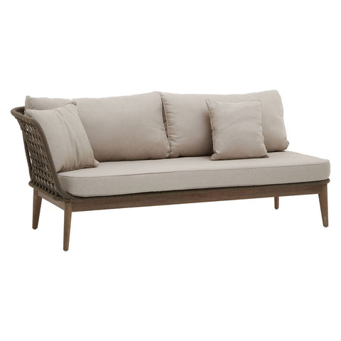 Woven rope chaise longue featuring a light beige cushion and backrest, complemented by a matching small pillow, set on a sturdy wooden frame with tapered legs