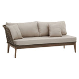 Woven rope chaise longue featuring a light beige cushion and backrest, complemented by a matching small pillow, set on a sturdy wooden frame with tapered legs