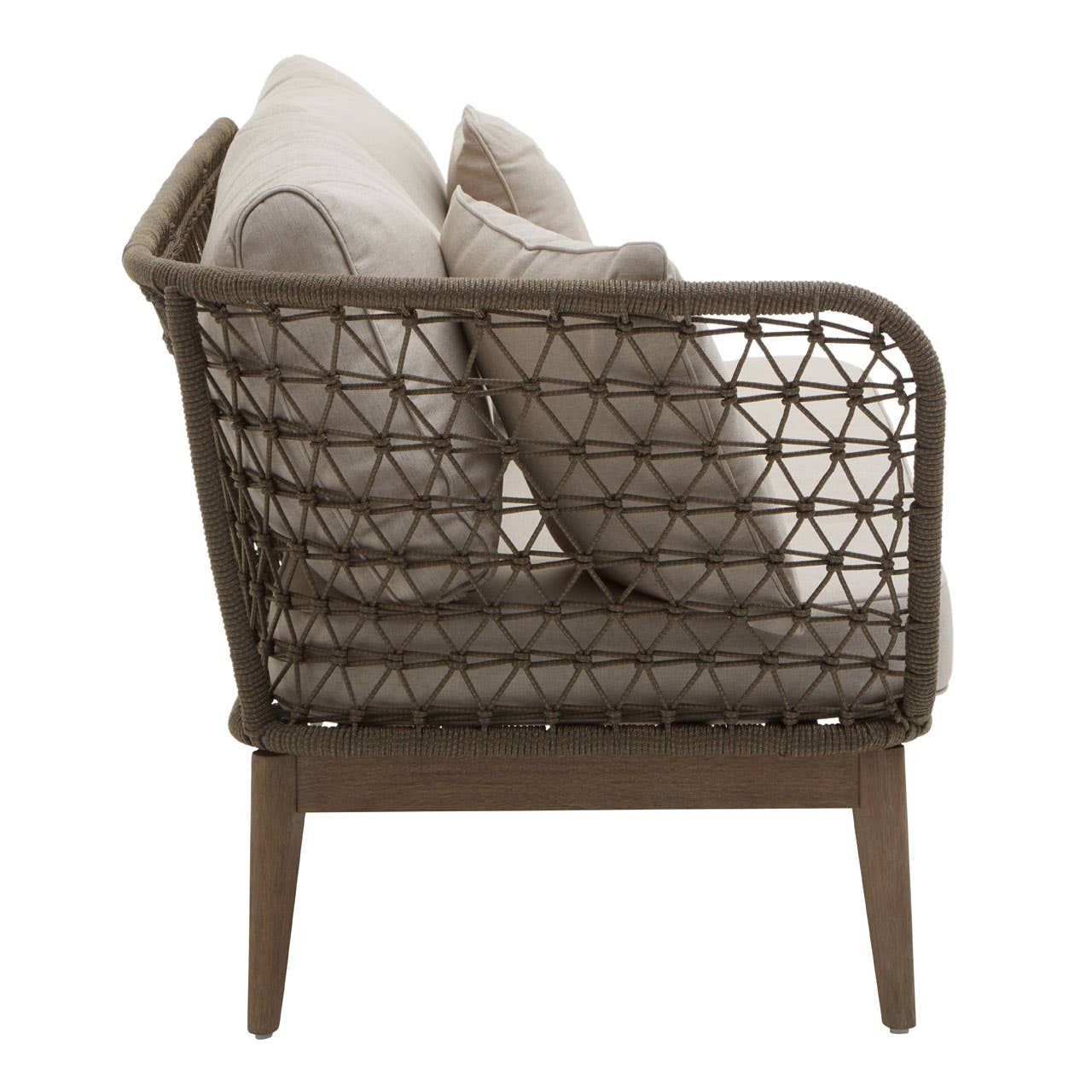 Woven rope chaise longue featuring a sturdy frame, angled backrest, and plush cushions in neutral tones, showcasing a modern design with tapered legs