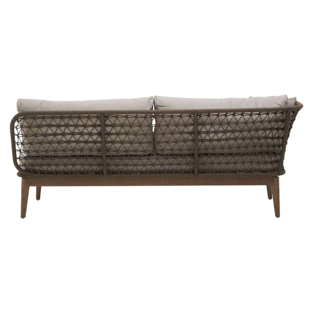 Opus Woven Rope Chaise Longue featuring a curved backrest, a woven rope design, and plush cushions in a neutral color. The chaise longue is supported by four wooden legs, showcasing a modern and stylish aesthetic suitable for home decor