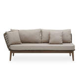 Opus Woven Rope Chaise Longue featuring a sleek design with a light beige fabric upholstery, three plush cushions, and a sturdy wooden frame with woven rope detailing on the sides. The chaise longue is positioned against a plain white background, highlighting its modern aesthetic