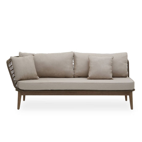 Opus Woven Rope Chaise Longue featuring a sleek design with a light beige fabric upholstery, three plush cushions, and a sturdy wooden frame with woven rope detailing on the sides. The chaise longue is positioned against a plain white background, highlighting its modern aesthetic