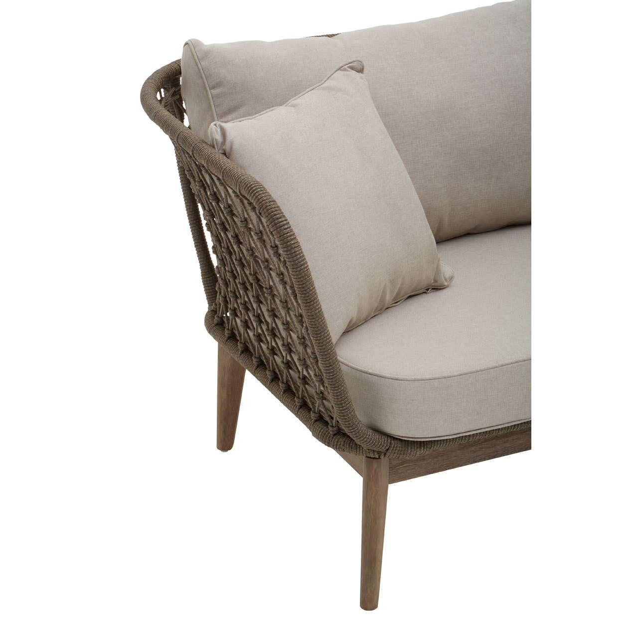 Woven rope chaise longue featuring a light beige cushion and a matching decorative pillow, supported by wooden legs with a natural finish. The design includes a curved backrest and a spacious seating area, ideal for outdoor relaxation