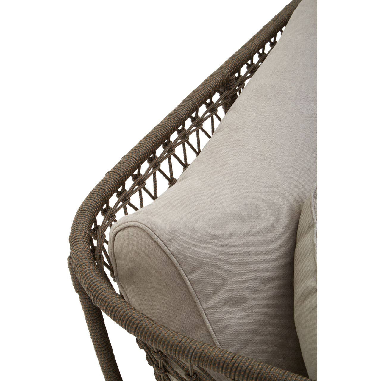Woven rope chaise longue featuring a curved design with a light-colored cushion resting against the back. The intricate weaving pattern is visible along the sides, showcasing a blend of natural tones