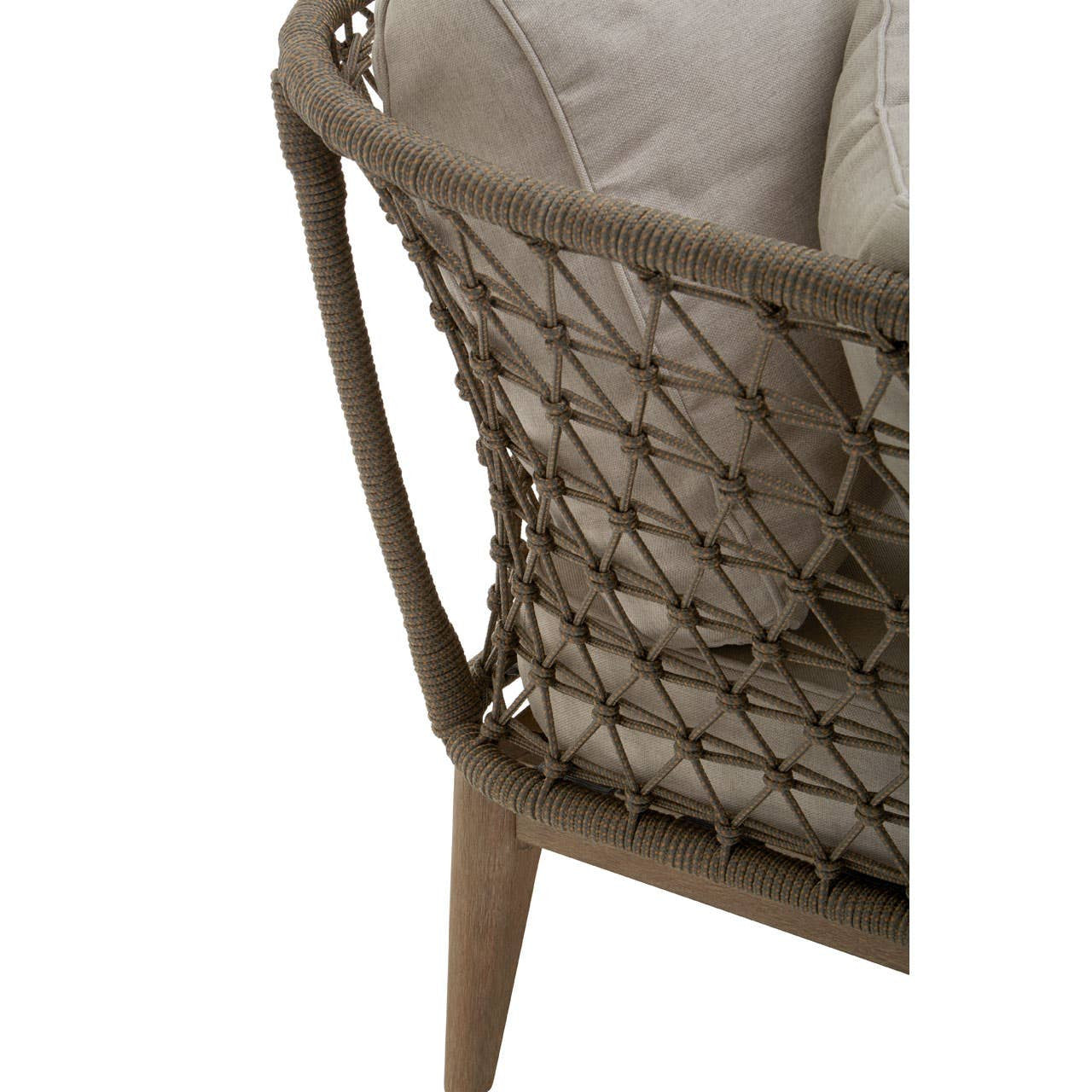 Woven rope detail of the Opus Chaise Longue showcasing a sturdy frame and plush cushions, highlighting the intricate weaving pattern and the smooth finish of the legs
