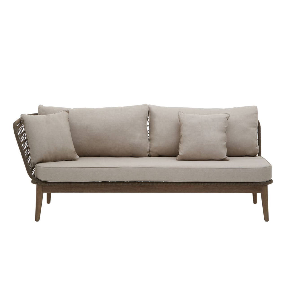 A stylish chaise longue featuring a woven rope design with plush beige cushions, supported by wooden legs. The chaise has a modern, angled backrest and includes three removable cushions for added comfort