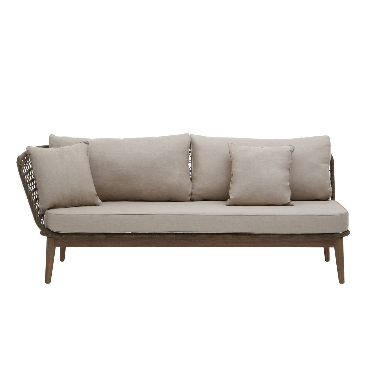 A stylish chaise longue featuring a woven rope design with plush beige cushions, supported by wooden legs. The chaise has a modern, angled backrest and includes three removable cushions for added comfort