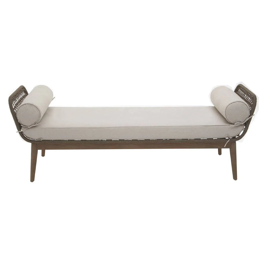 Beige upholstered bench with wooden frame and two cylindrical cushions on each end