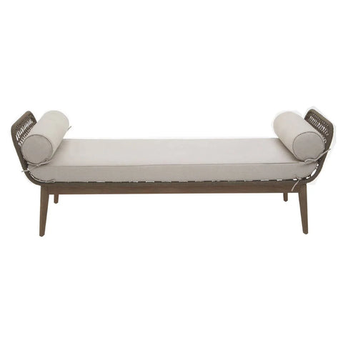 Beige upholstered bench with wooden frame and two cylindrical cushions on each end