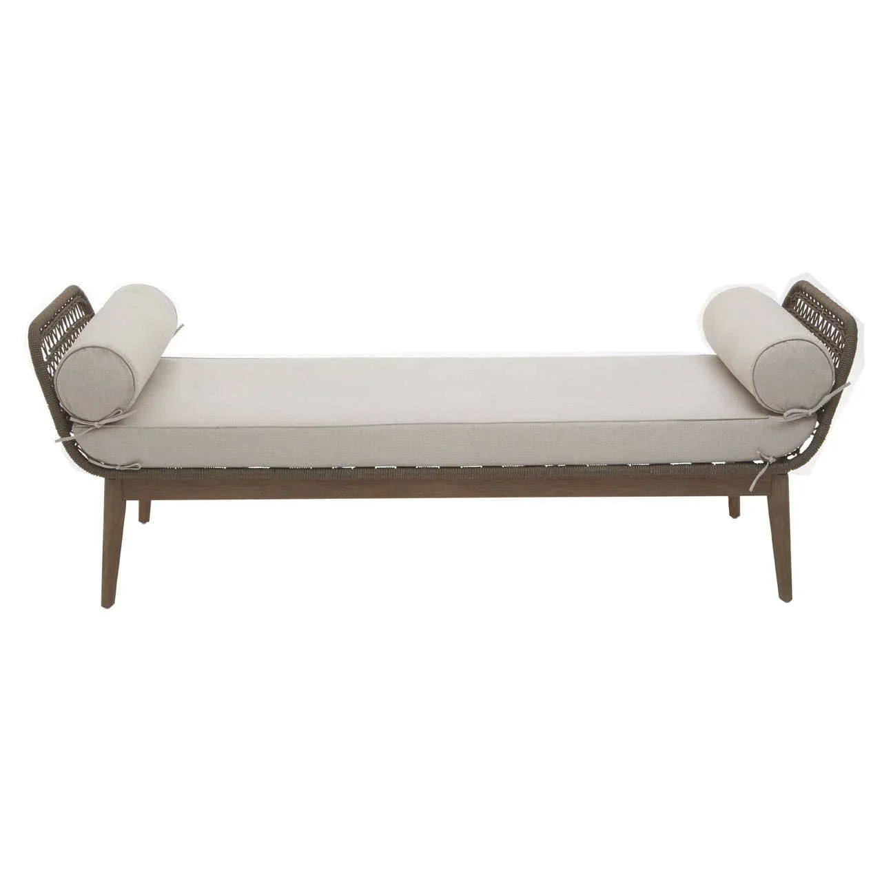 Beige upholstered bench with wooden frame and two cylindrical cushions on each end